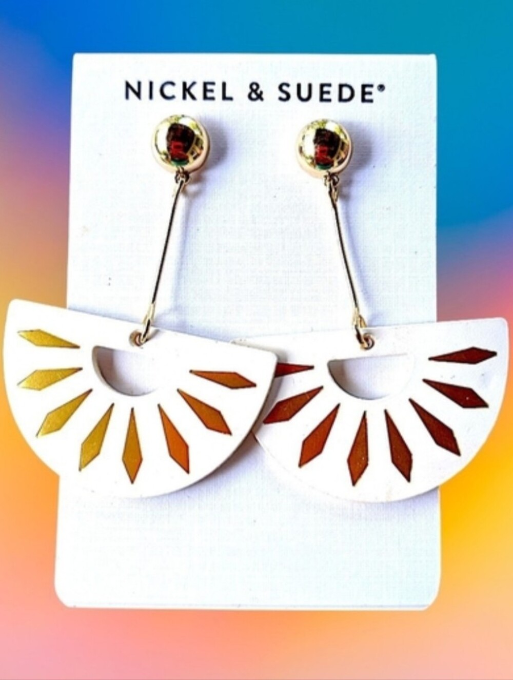 NEW Nickel & Suede White Sunburst Drop Earrings with Gold Accents